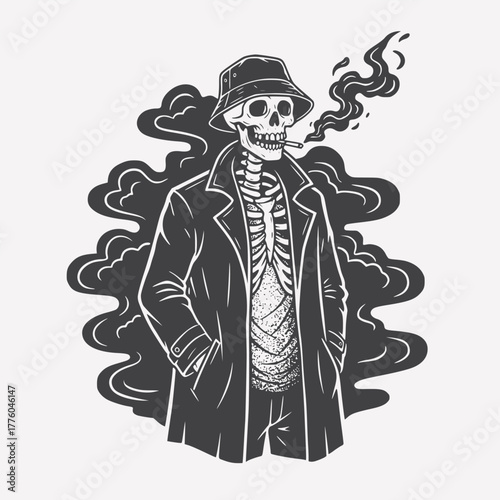 Skeleton in Trench Coat & Bucket Hat – Surreal Tattoo-Style Noir Streetwear Art