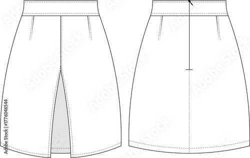 mid high rise waist darted tailored slitted a line straight mini short skirt template technical drawing flat sketch cad mockup fashion woman design style model 
