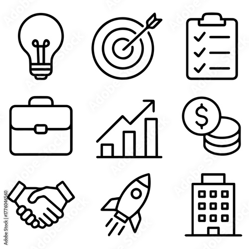 Essential linear business icons showcasing financial growth, strategic planning, innovative ideas, professional success, and corporate partnerships, ideal for modern design