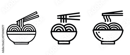 Noodle bowl icon set, ramen with chopsticks vector symbol, Asian food