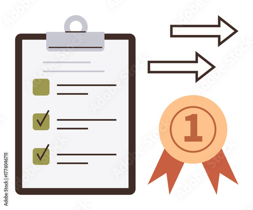 Clipboard with checklist ticks, arrows indicating progress, and first-place ribbon. Ideal for organization, strategy, success, achievement, goals productivity recognition. Simple flat metaphor