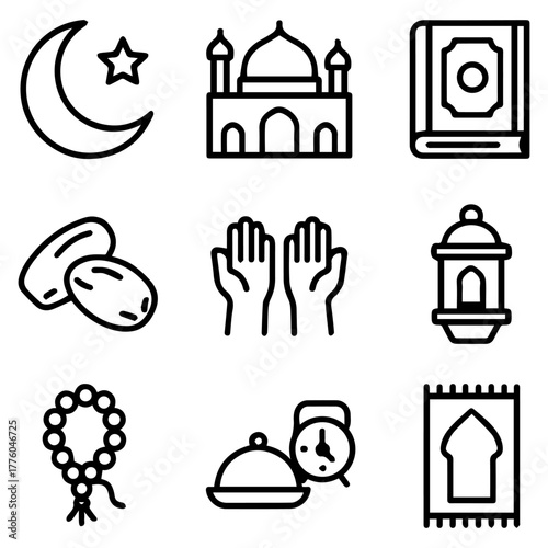 A vector collection of Islamic line icons for the holy month of Ramadan, featuring religious symbols like mosque, Quran, and prayer elements