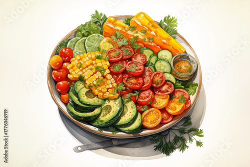 garden salad with tomato, cucumbers, corn, lettuce, and vegetables vector for fresh food and healthy meal concept