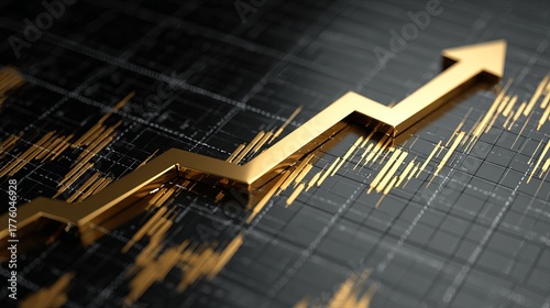 Stunning golden arrow chart dramatically rising upwards, symbolizing financial growth, success, and positive market trends for business