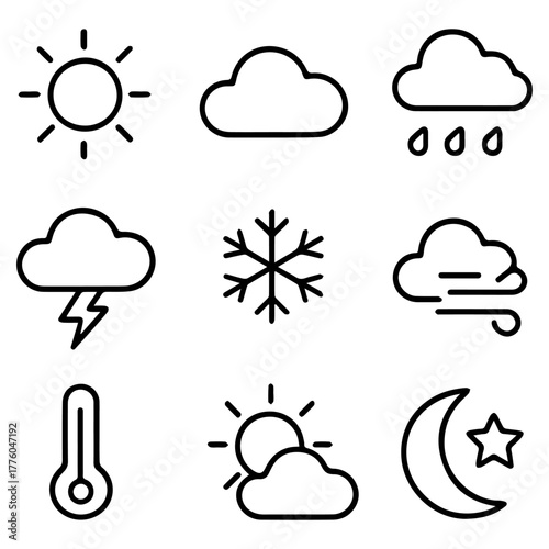 Weather Icons Diverse Symbols Depicting Sunshine, Clouds, Precipitation, and Temperature Variations in Vector Form