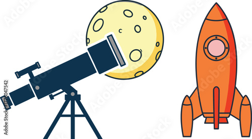 Telescope, moon, rocket, space exploration concept, astronomy tools, celestial observation, vector illustration, black silhouette, science icon, educational design