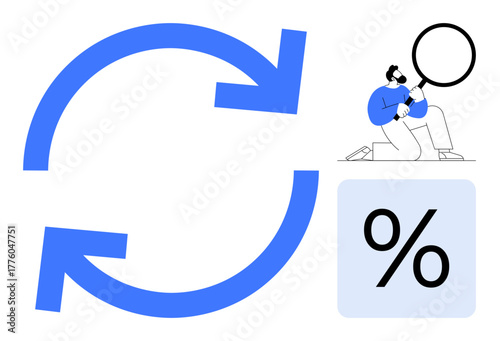 Circular arrows suggest growth, renewal man with magnifier examines percentage in analytics. Ideal for progress, efficiency, data monitoring, statistics, evaluation, improvement, simple flat metaphor