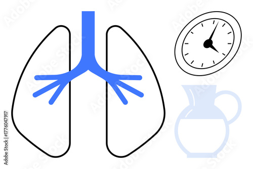 Lungs with highlighted airways paired with a timer and water jug. Ideal for health, respiration, hydration, awareness, wellness, medical education, and healing visuals simple flat metaphor