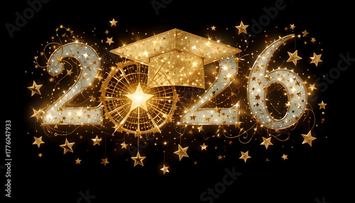 Golden 2026 graduation cap and stars on black background mortarboard
