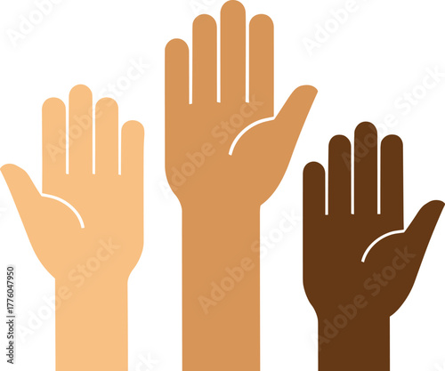 Three raised hands in diverse skin tones, symbol of unity, inclusion, equality, volunteering, community support, social representation vector illustration