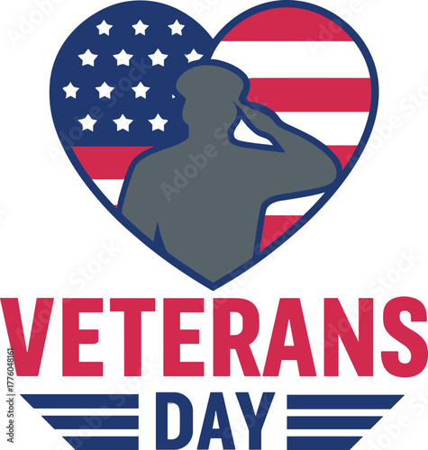 Veterans Day salute emblem, heart-shaped American flag, military silhouette vector, patriotic graphic design, red white blue tribute illustration