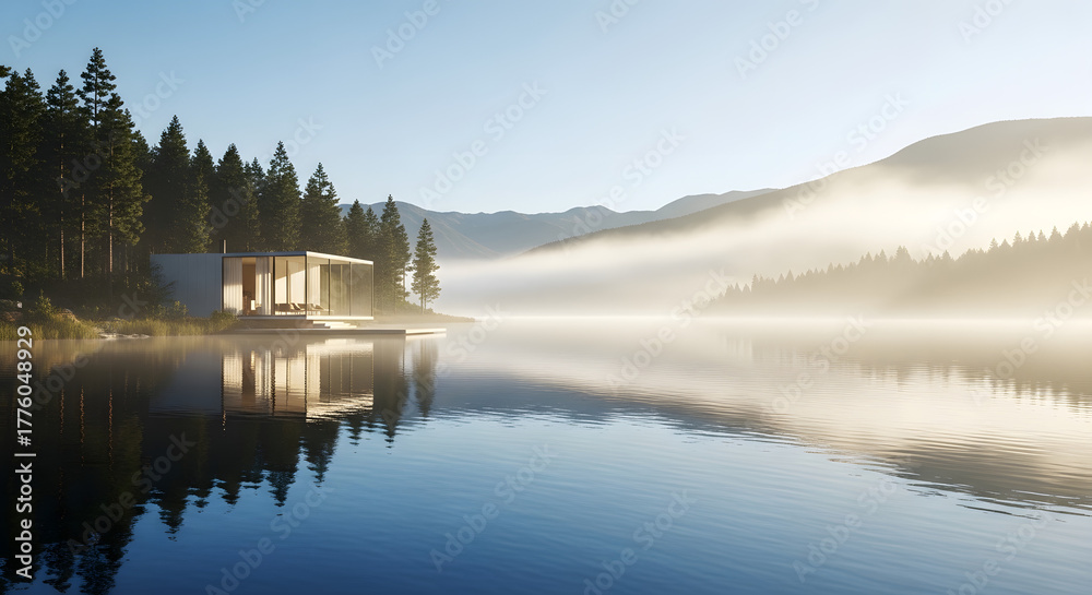 Fototapeta premium Modern architectural house on a serene lake, reflecting misty morning light and surrounded by evergreen forests, creating a peaceful and elegant natural retreat