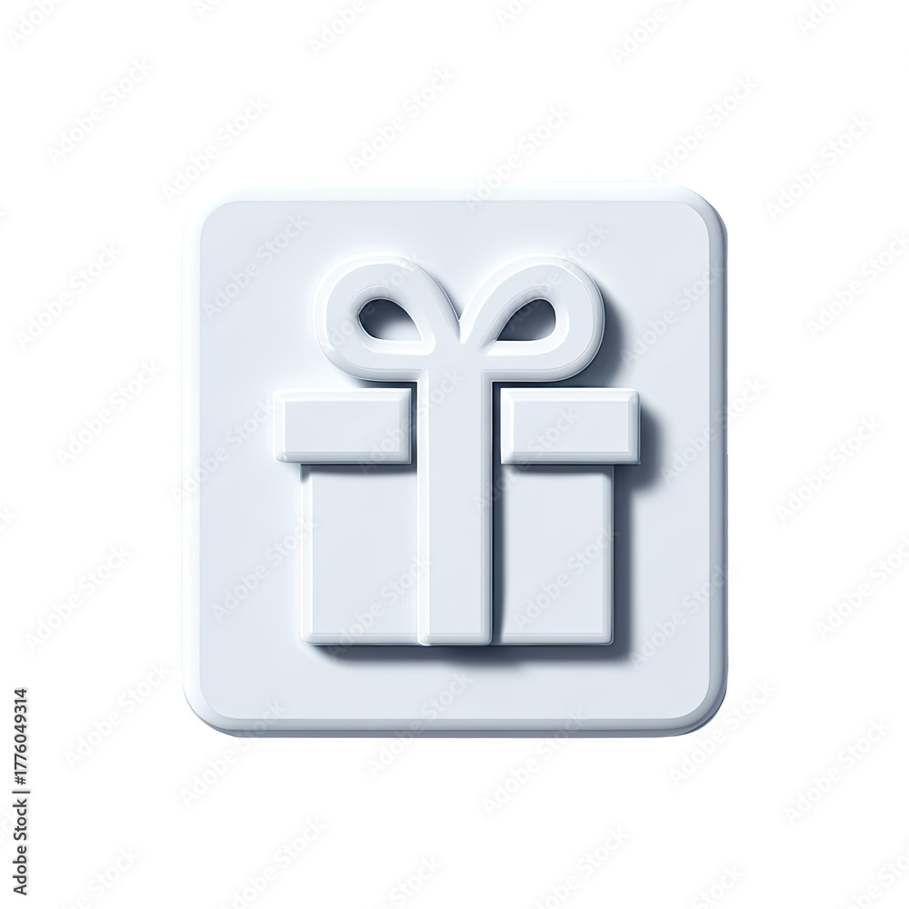 Fototapeta premium A light-grey, square button features an embossed, minimalist white gift box with a bow