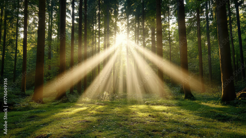Fototapeta premium Sunlight streams through trees in serene forest, creating magical atmosphere