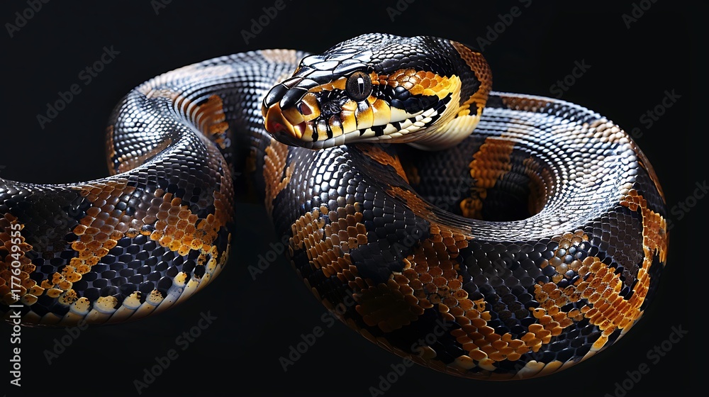 Obraz premium Close up of a coiled snake with brown and black scales against a dark background in studio shot