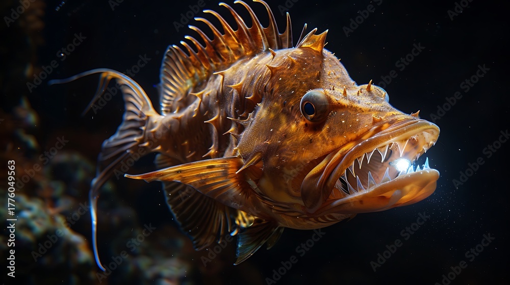 Fototapeta premium Fierce spiky sea creature with sharp teeth in deep dark water for aquarium promotion.