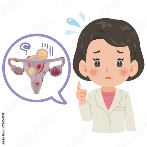 不健康な子宮と白衣を着た女性医師　上半身イラスト／Unhealthy Uterus with Male Doctor in White Coat　upper body illustration