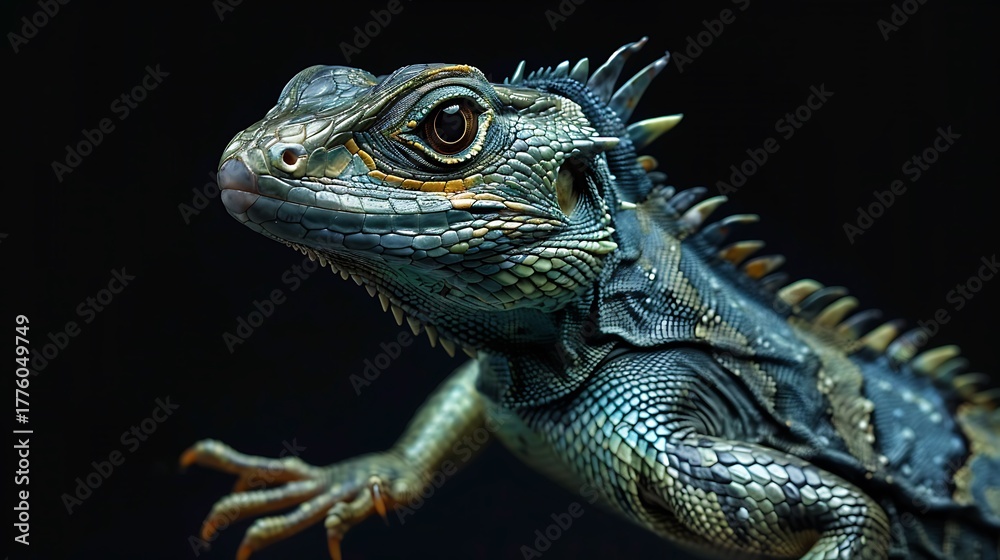 Fototapeta premium Detailed portrait of a vibrant blue-green iguana reptile showing intricate skin scales on black.