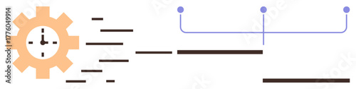 Gear with clock highlights time management and productivity. Horizontal lines and timeline structure show streamlined processes and planning. Ideal for workflow, automation, efficiency, scheduling