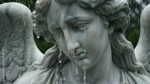 Angel Statue Tears Streaming Down Face in the Rain