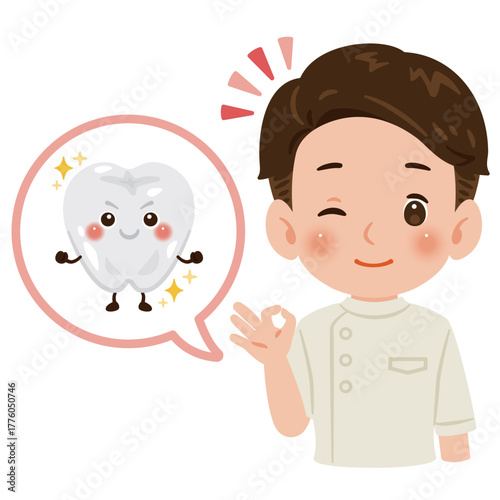 健康な歯のキャラクターとケーシーを着た男性医師　上半身イラスト／Healthy Tooth Character with Male Doctor in White Coat　upper body illustration