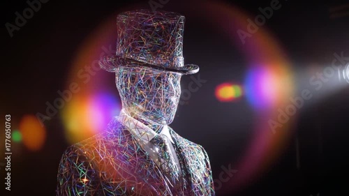 Wireframe Mannequin in Top Hat and Suit Under Spotlight, Abstract Artistic Display