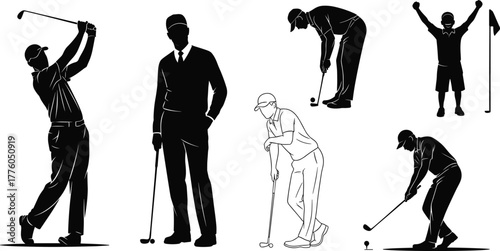 Golf player silhouettes, swinging, putting, celebrating, black vector icons, golf club, ball, flag, sports action poses, dynamic movement, gear