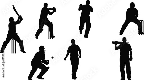 Cricket player silhouettes, batting, bowling, catching, wicketkeeping, black vector icons, sports action poses, stumps, dynamic movement, athletic gear