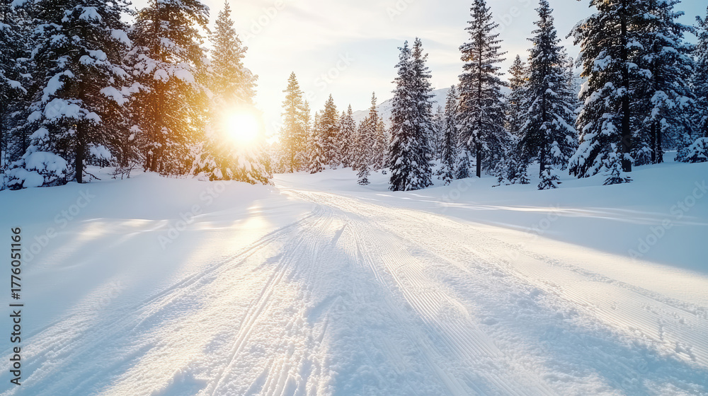 Obraz premium Snowy landscape with pine trees and sunlight shining through branches creates serene atmosphere