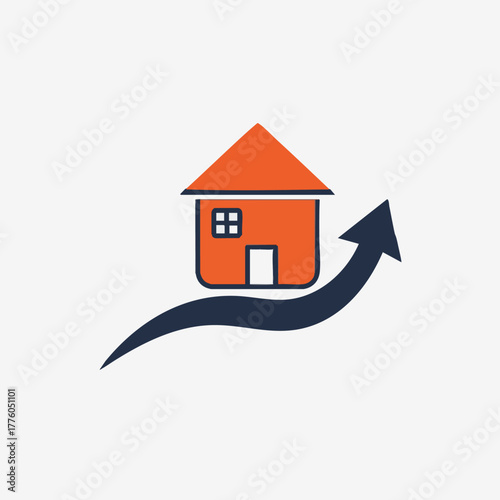 A vibrant orange house icon sits atop a dynamic upward-trending blue arrow, symbolizing significant growth and appreciation in the real estate market.