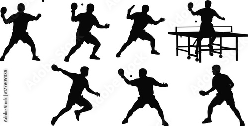 Table tennis player silhouettes, ping pong action, black vector icons, paddles, ball motion, sports poses, agility, reflex, dynamic movement