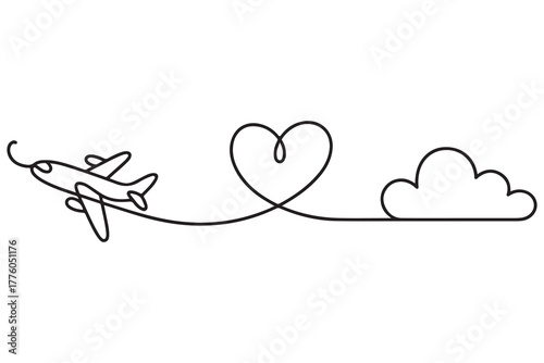 Continuous one line drawing of airplane flying with heart and cloud outline illustration
