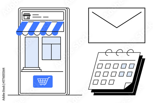 Mobile store app screen with storefront and shopping cart, calendar with tear-off pages, open envelope. Ideal for e-commerce, scheduling, marketing, planning, communication, organization simple flat