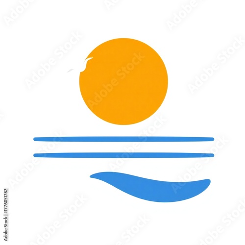 Abstract minimalist depiction of a bright sun over stylized ocean waves