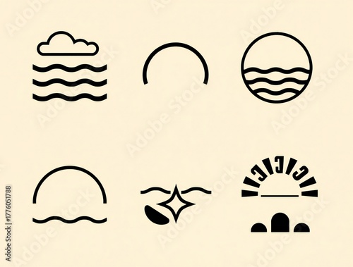 Set of six simple line art icons representing nature and celestial elements