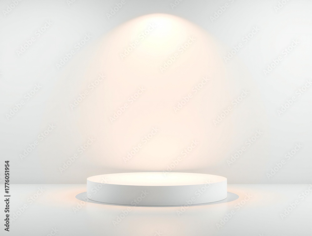 Fototapeta premium Empty white podium illuminated by a spotlight in a minimalist studio setting