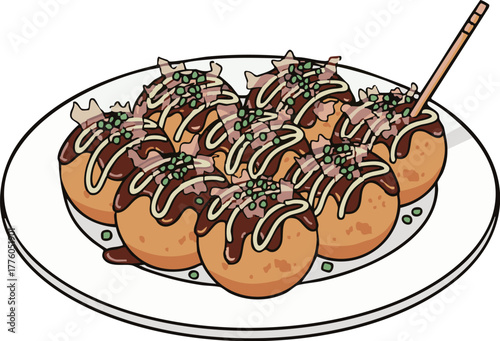 MinimalFlatDesign DeliciousTakoyaki onPlate withToppings -ミニマルフラットデザイン プレート上の美味しいたこ焼きとトッピング