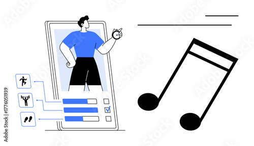 Man tracking fitness progress on mobile app chart with tasks and a large music note beside it. Ideal for health, fitness, technology, music, motivation, lifestyle, and digital tools. Simple flat