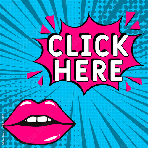 Comic book explosion with text Click here, vector illustration. Vector bright cartoon illustration in retro pop art style. upcoming events in pop art style. Click here, web banner