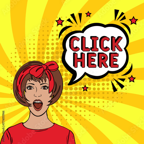 Comic book explosion with text Click here, vector illustration. Vector bright cartoon illustration in retro pop art style. upcoming events in pop art style. Click here, web banner