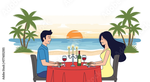 Couple enjoys a romantic dinner by the sea with palm trees and a sunset in the background