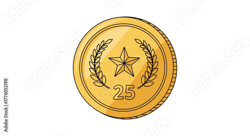 Golden Coin with Star and Laurel Wreath, Number 25 - Symbol of Achievement and Recognition