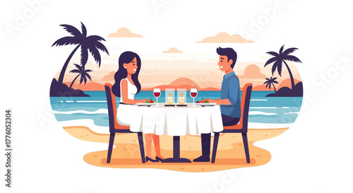 Couple enjoying a romantic dinner on a tropical beach with palm trees and ocean backdrop