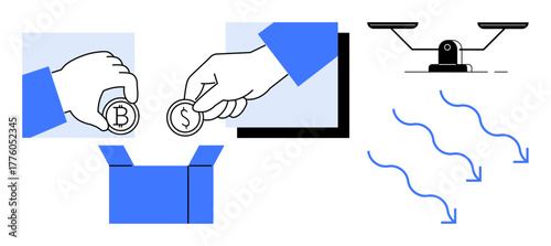 Hands placing currency coins in a box, balancing scale, and arrows symbolizing flow. Ideal for finance, wealth, savings, charity, investment balance and economic concepts. Clean flat metaphor