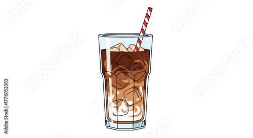 Iced Coffee Drink with Straw and Ice Cubes in a Tall Glass