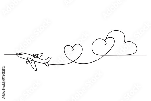 Continuous one line drawing of airplane flying with heart and cloud outline illustration
