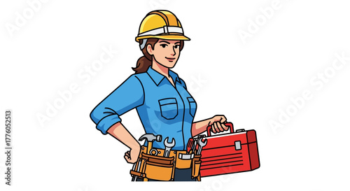 A professional tradeswoman character with a hard hat and tool belt holding a toolbox, an isolated vector illustration of a skilled handywoman