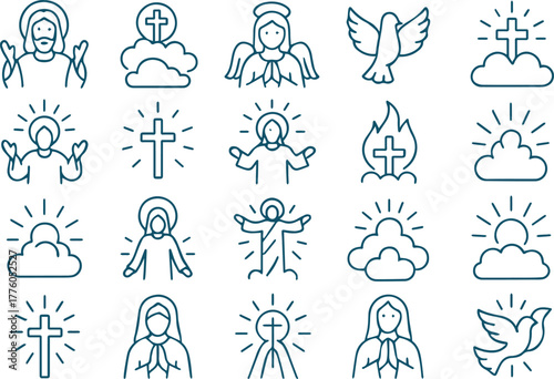 Collection of religious icons isolated on white background, featuring jesus, angel, cross, and dove symbols in a minimalist line art style