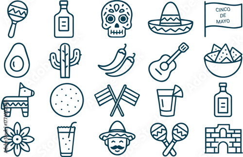 Line art illustration of cinco de mayo celebration elements isolated on white background