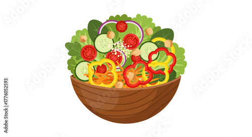 Fresh and healthy vegetable salad in a wooden bowl with assorted colourful ingredients